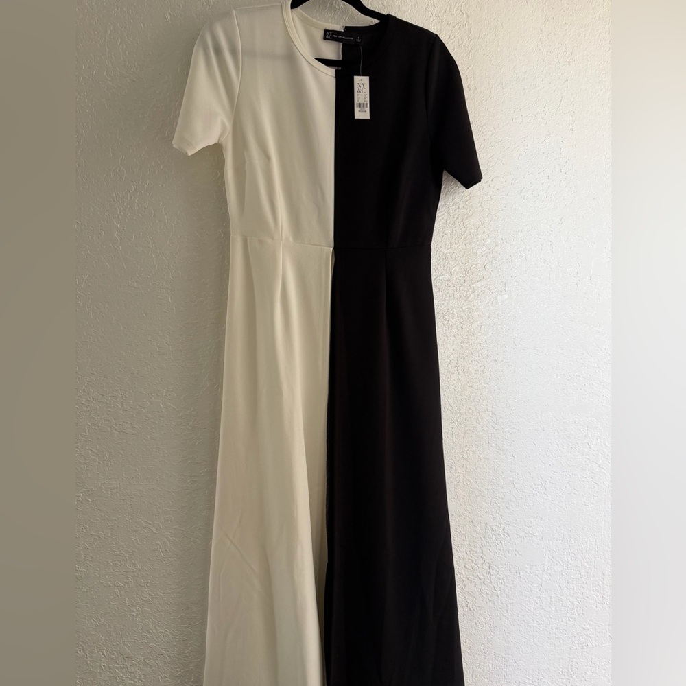 Black and White Colorblock Short Sleeve Maxi Shirt